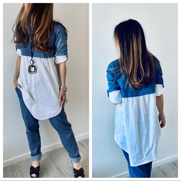 ✨LAST✨MADE IN ITALY FABULOUS JEAN/WHITE TUNIC TOP - Picture 3 of 5